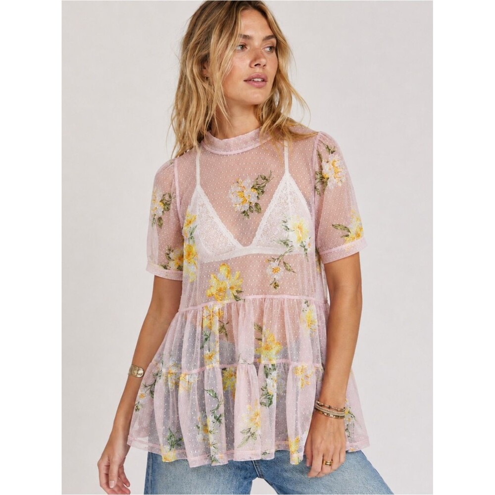Meraki Mesh Tiered Tunic Top Women’s M Blush Pink Floral Puff Sleeve Cottagecore